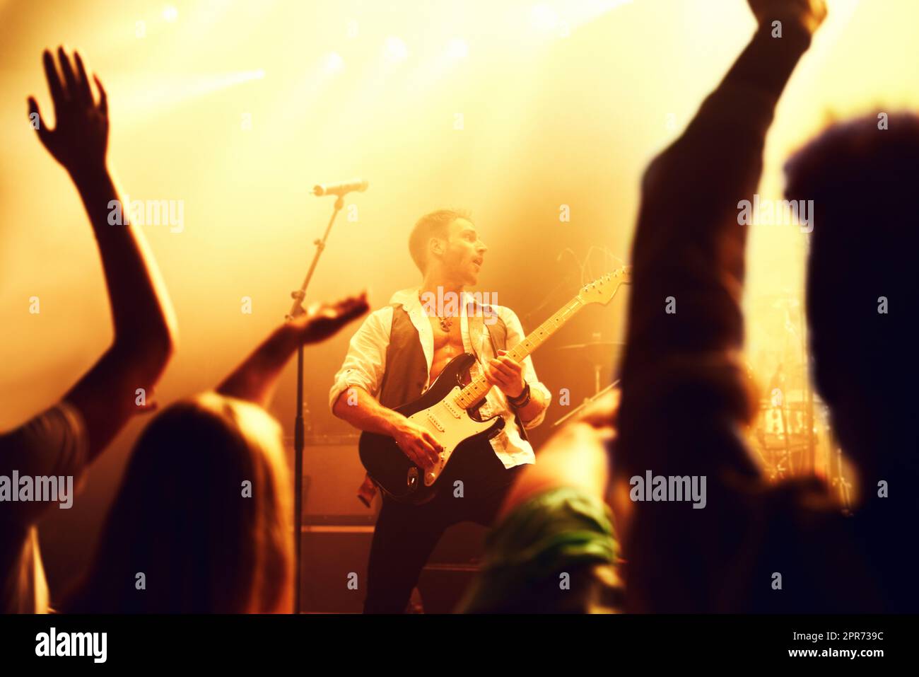 Cropped shot of a guitarist on stage surrounded by adoring fans. This