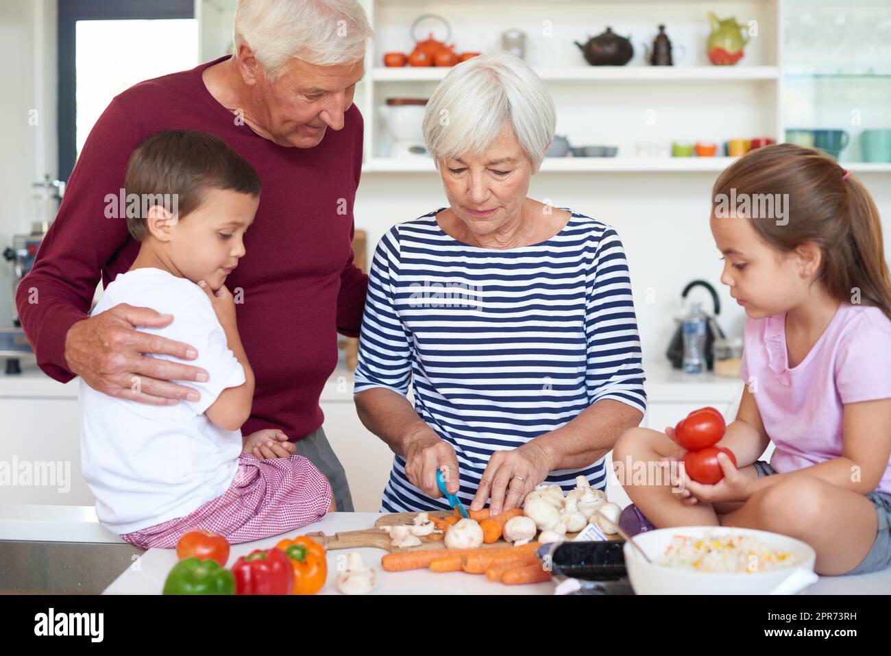 Teaching the finer points of cooking. Shot of grandparents preparing ...