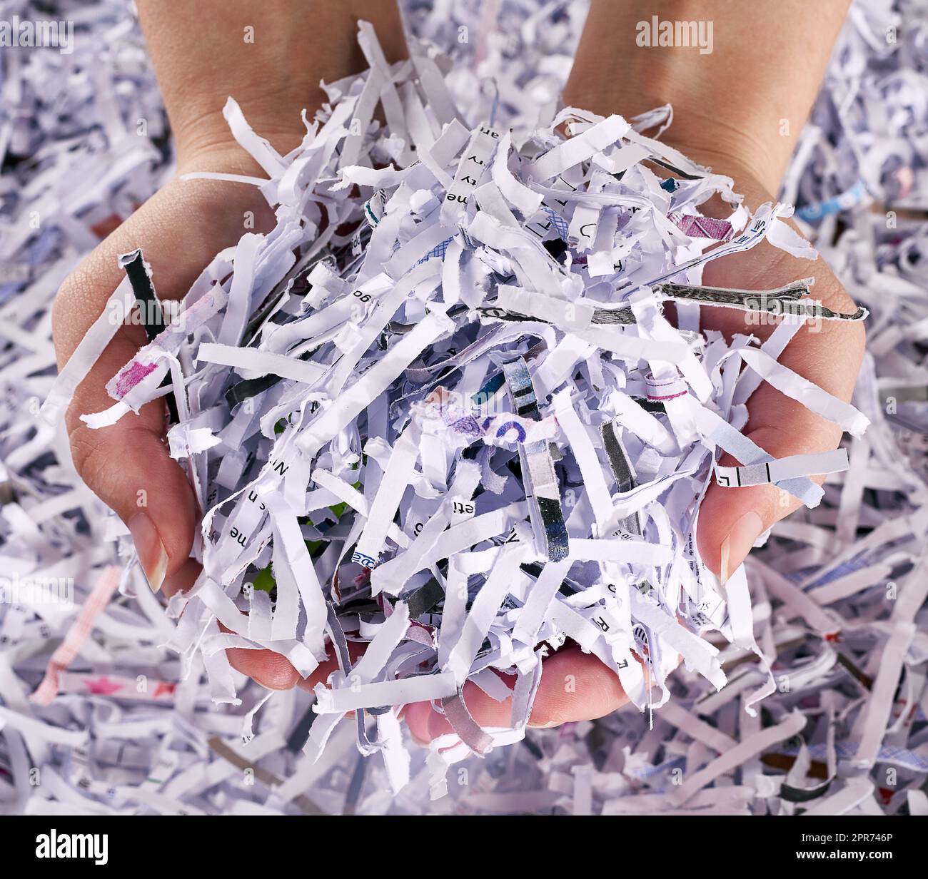 This is the only evidence thats left. Studio shot of a womans hands holding a pile of shredded paper. Stock Photo