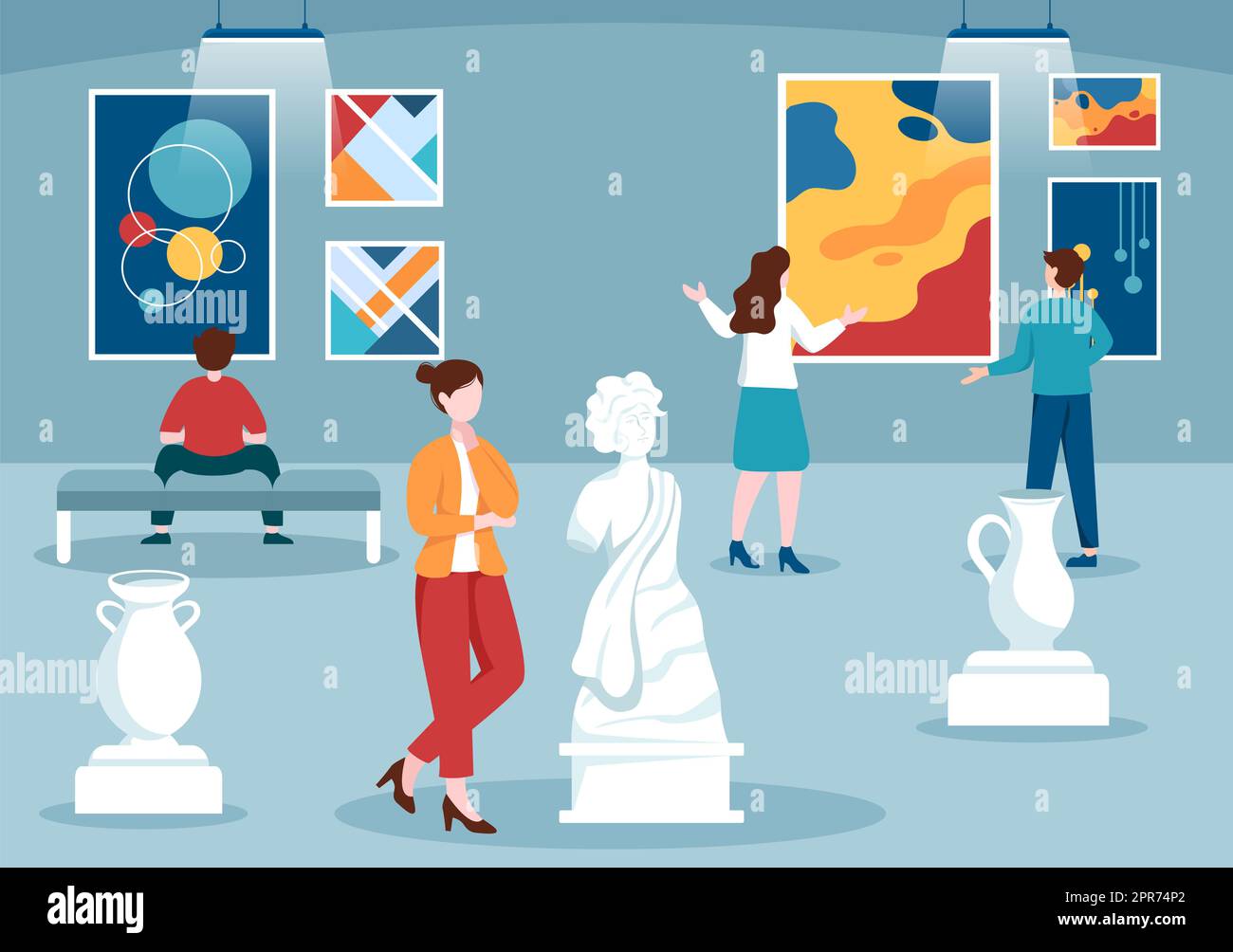 Art Gallery Museum Cartoon Illustration with Exhibition, Culture