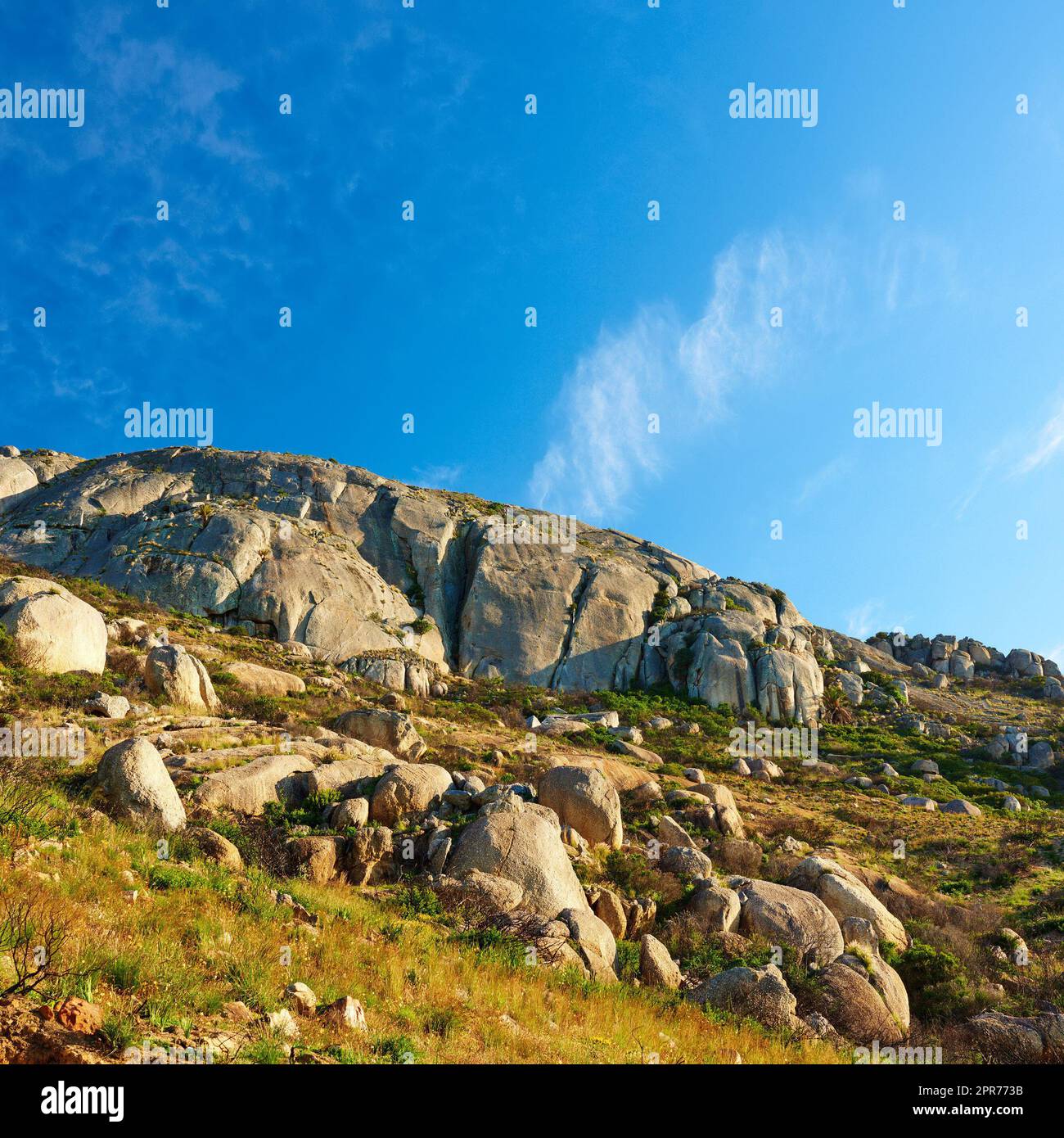 Panorama and landscape view of mountains in Cape Town, South Africa during summer holiday and vacation. Scenic hills, scenery of fresh green flora growing in remote area. Stock Photo