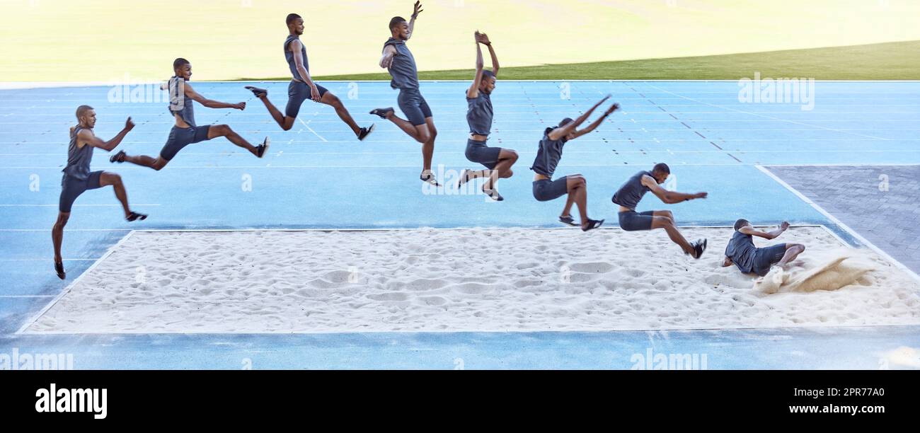 A sequence of a fit male athlete jumping in a sandpit competing in the long jump. Professional athlete or track racer during long or triple jump attempt is a competitive sports event or training Stock Photo