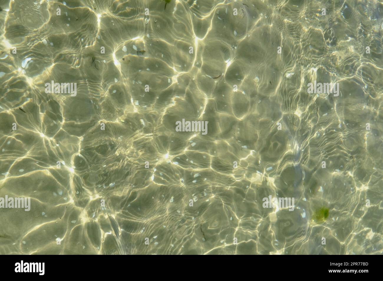 Above view of sunlight reflecting on water at beach. Closeup of shallow waves and calm ripples on coastline on sunny day outside. Clear liquid refracting sun rays in summer for copy space background Stock Photo