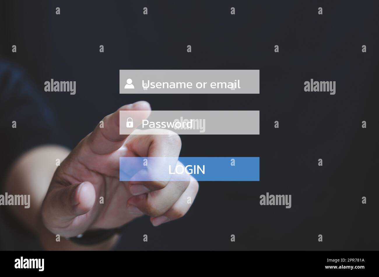 Businessman touching on virtual screen Password Usename or email login account online. Stock Photo