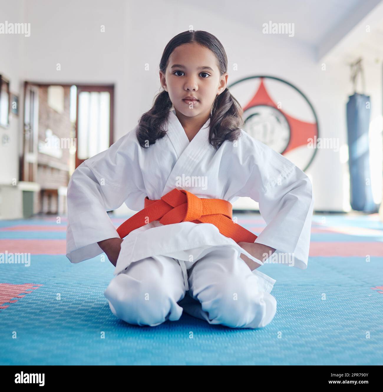 With confidence comes courage. Shot of a cute little girl practicing karate in a studio. Stock Photo