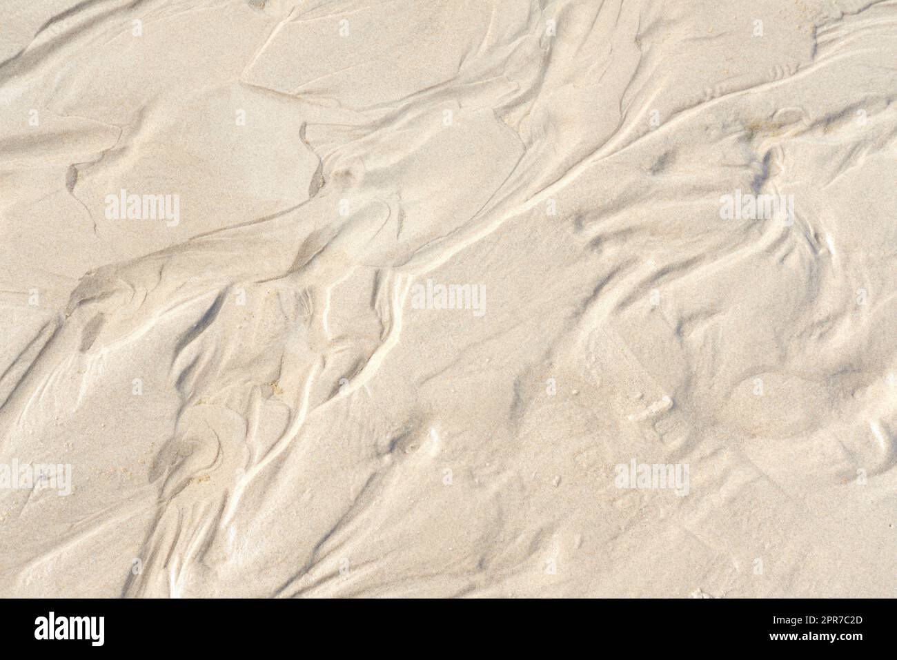 Abstract white sand sediment pattern, seaside natural organic landscape shining in the sun. Top view of a conceptual textured image of moist sea sand formed at the sea shore on a summer vacation. Stock Photo