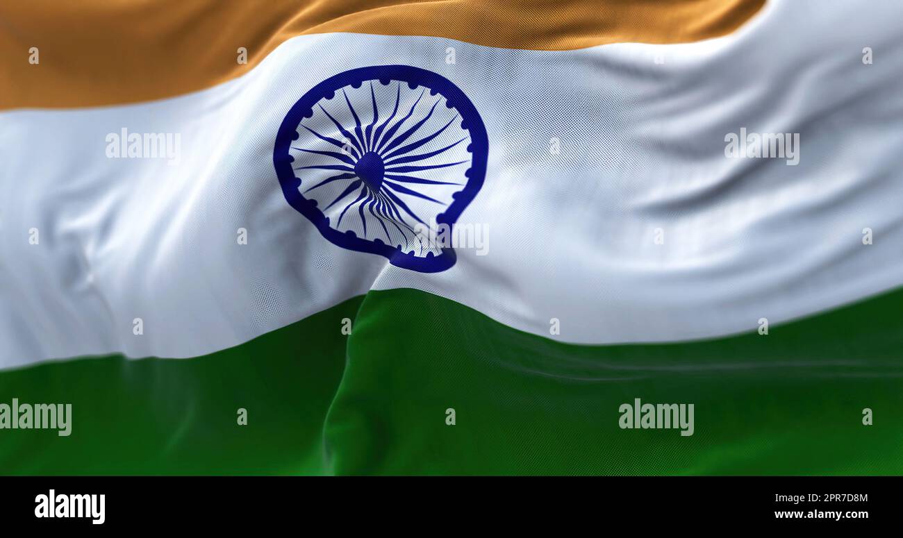 Detailed close up of the national flag of India waving in the wind on a ...