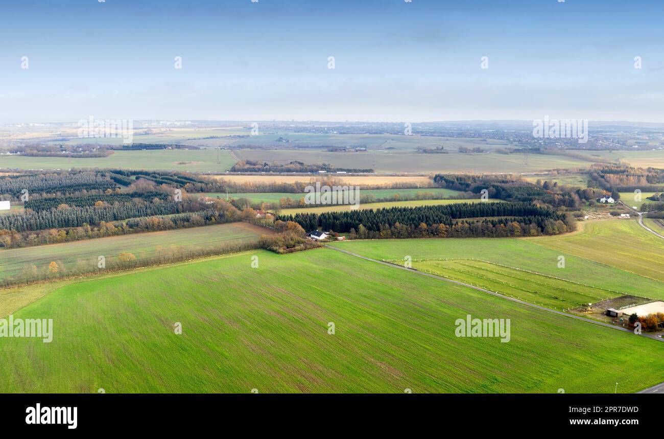 Landscape aerial view of a farm in the countryside in summer
