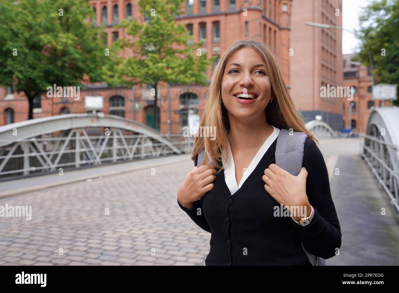 Beautiful school exchange girl visiting northern Europe within the exchange program Stock Photo