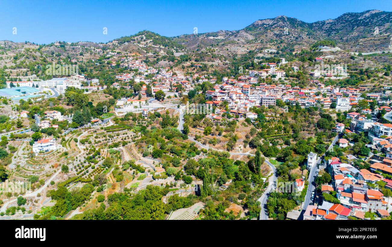 Aerial view of Agros village settlement on mountain Troodos, Limassol