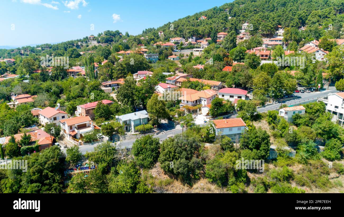 Aerial Pano Platres village, Limassol, Cyprus Stock Photo