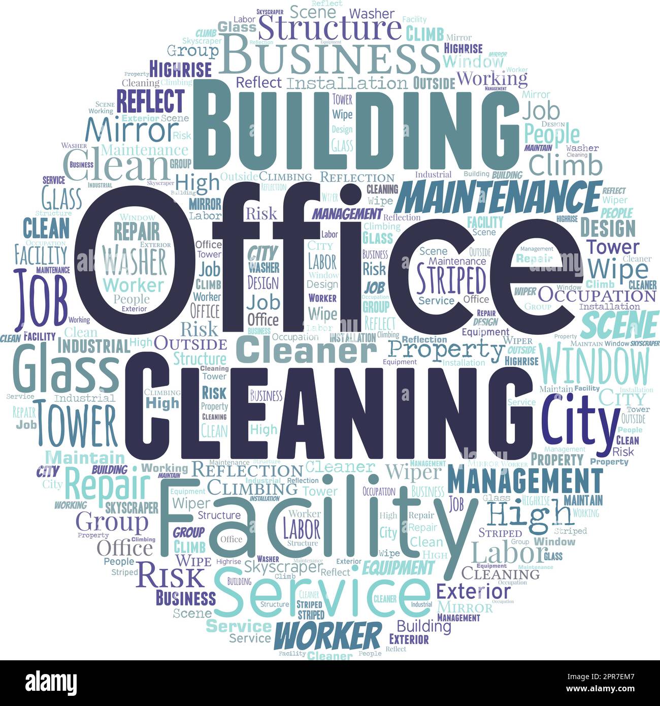 Big word cloud in the shape of circle with words office cleaning. Commercial buildings are used for commercial purpose. Stock Vector