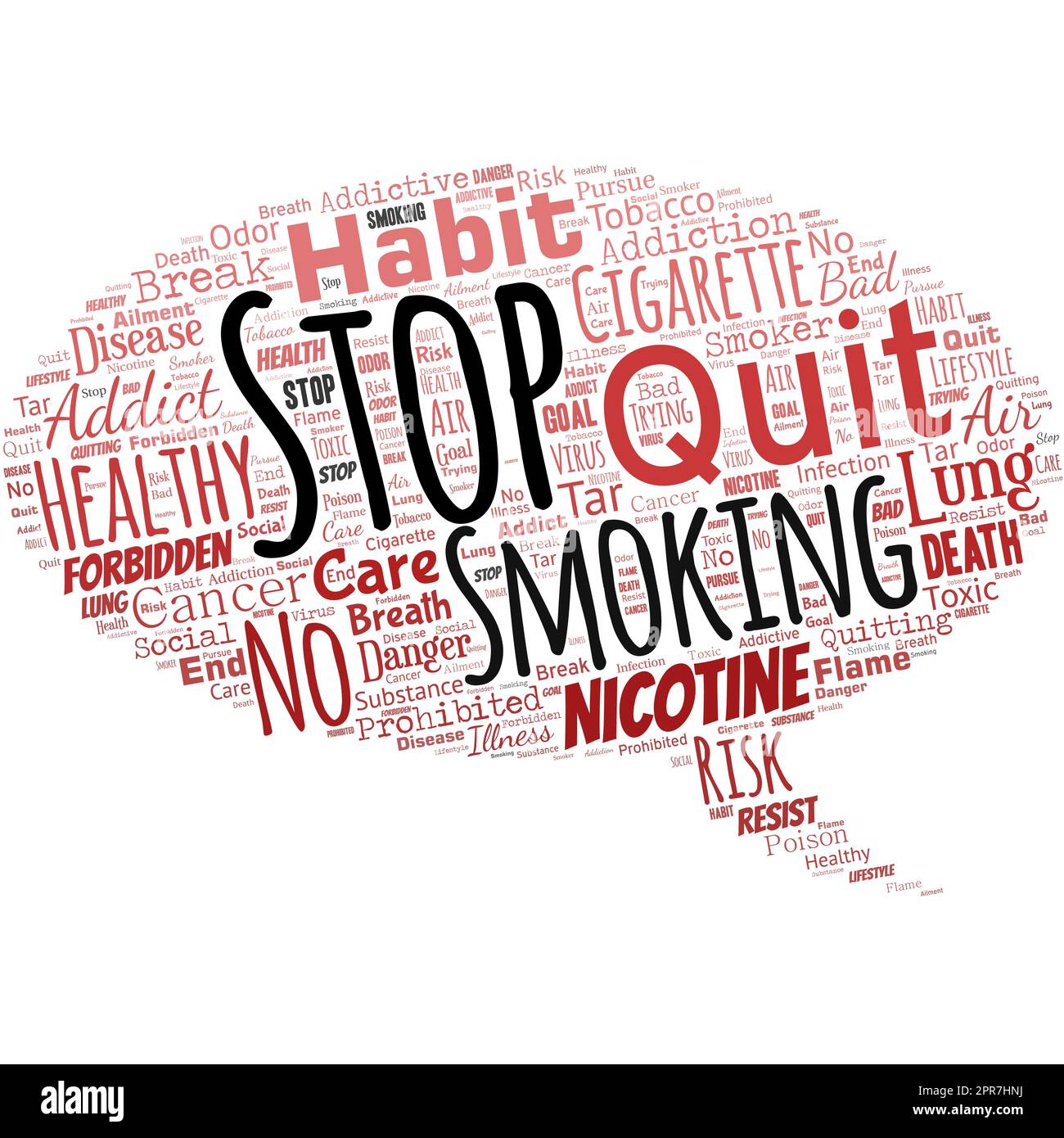Big word cloud in the shape of speech bubble with words Stop Smoking