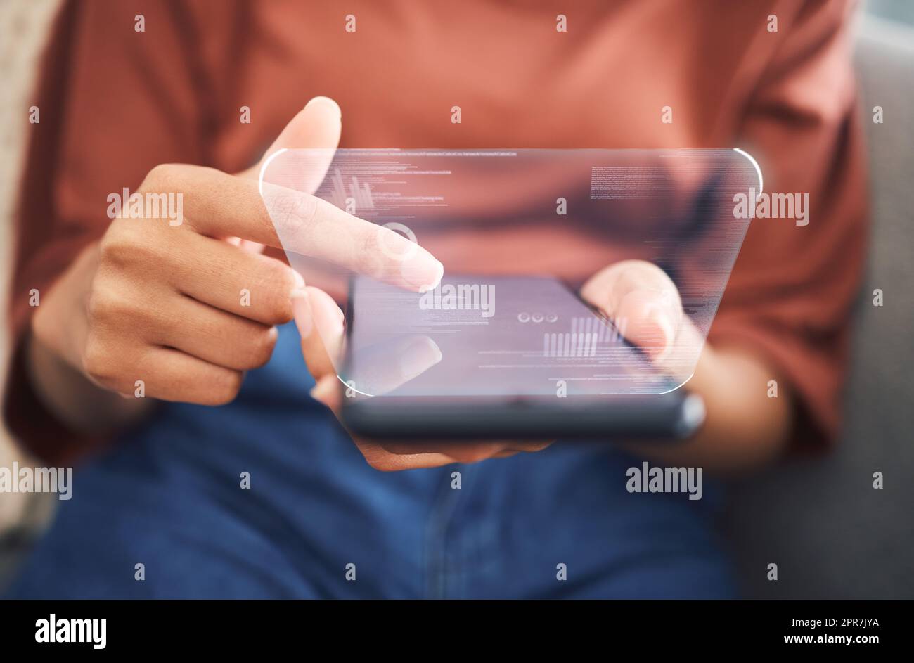 Closeup of unknown mixed race woman sitting alone at home and using her cellphone to browse a concept cgi internet. Hispanic scrolling and searching online and using creative artistic special effects Stock Photo