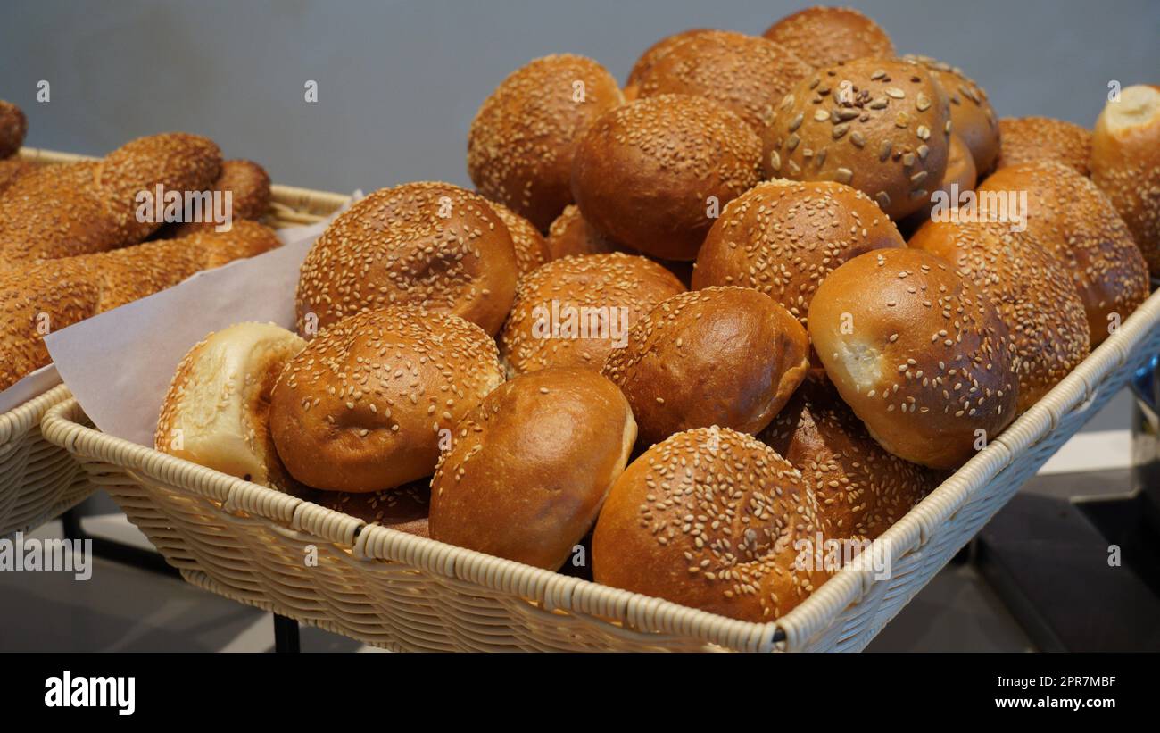 Pastry display on breakfast. Fresh buffet in luxury hotel filled with