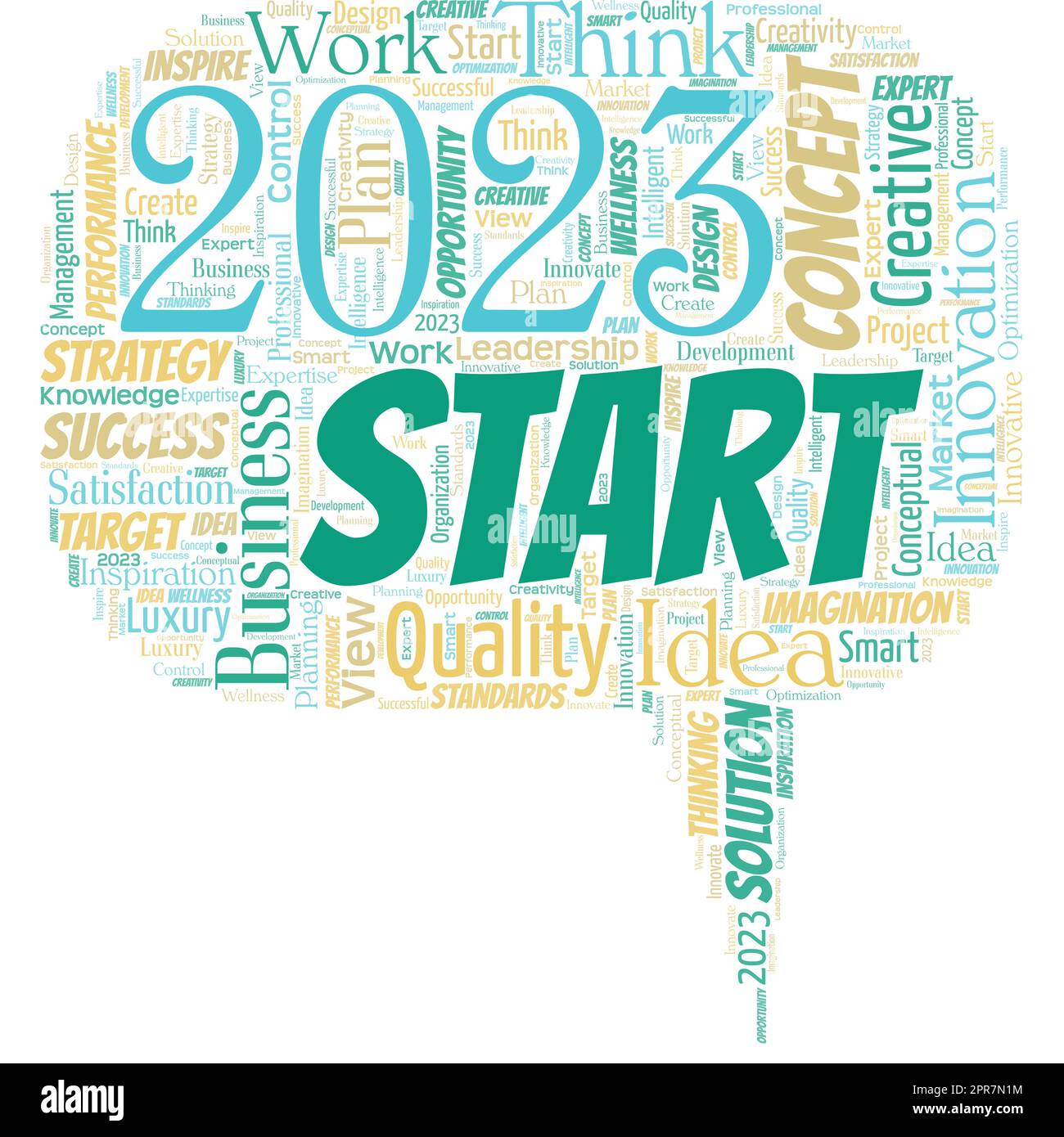 Big word cloud in the shape of speech bubble with words 2023 Start. Remembering past year events main actions or good shows. Setting up your goals and plans for the current year or in 2023 Stock Vector