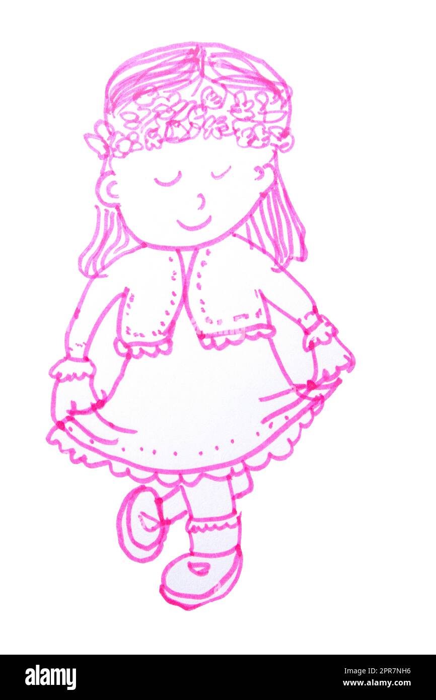 A cute girl with a flower wreath on her head, standing in a respectful curtsy. Cartoon isolated children's character on a white background. Drawing by hand with a felt-tip pen Stock Photo