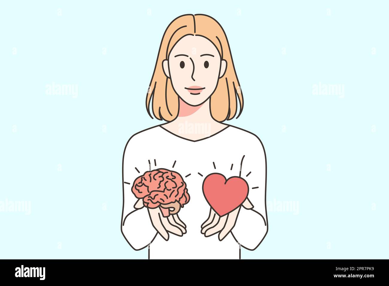 Portrait of woman holding heart and brain choosing. Female make decision between reason and emotion. Vector illustration. Stock Photo