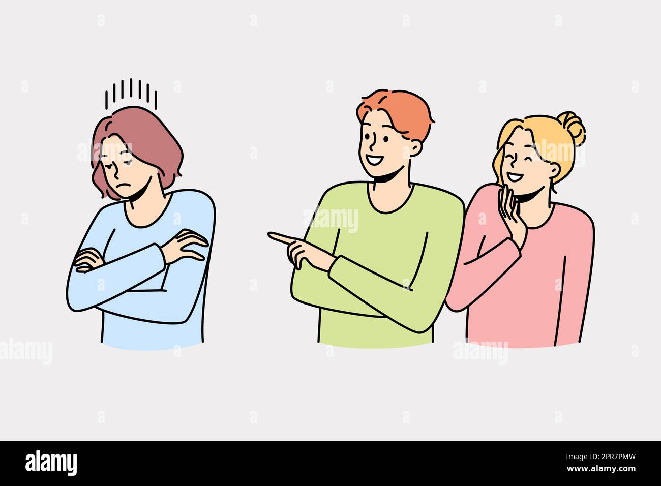 Unfriendly people laugh at lonely girl pointing at her. Bad students