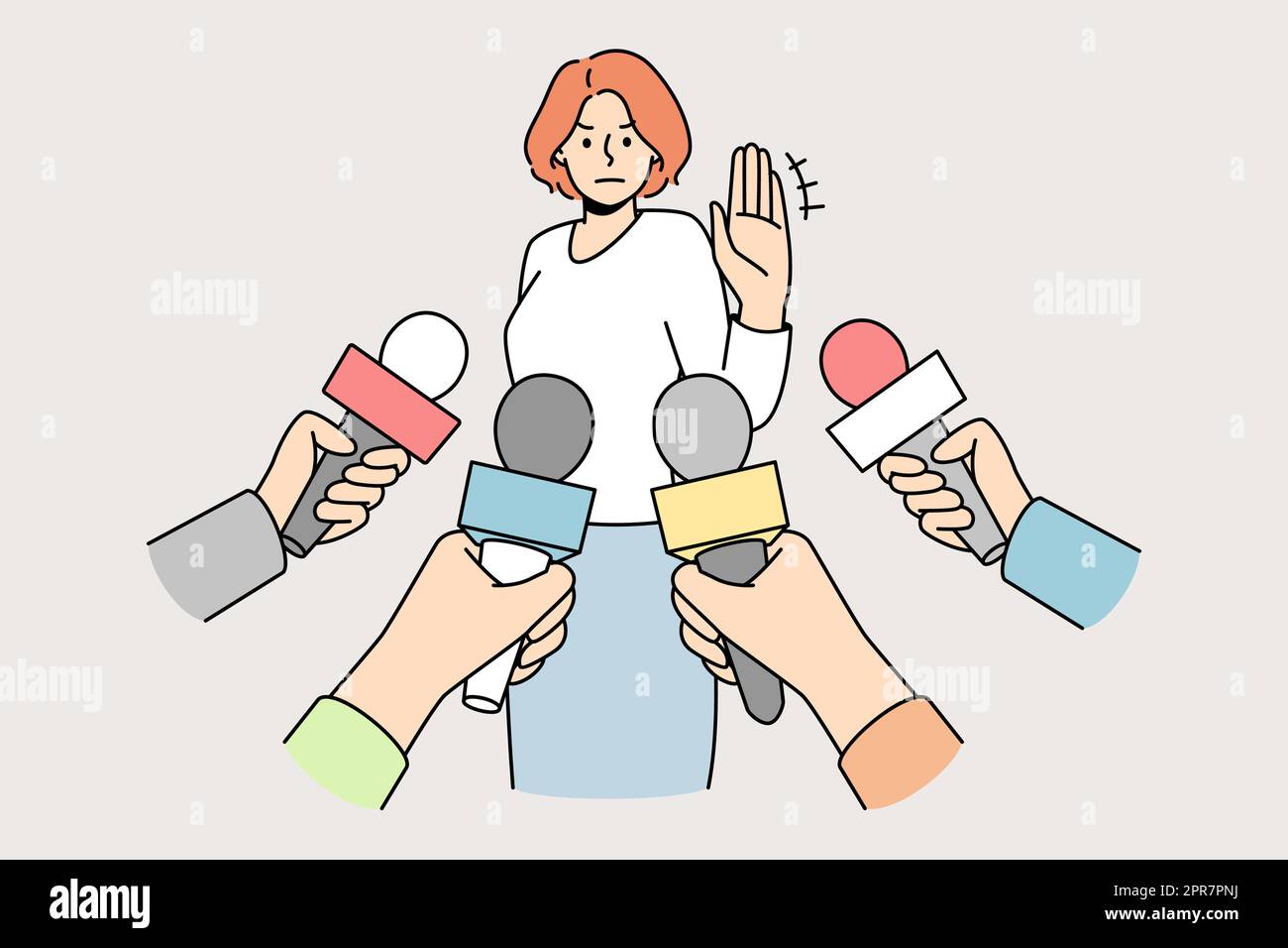 Woman make no comment gesture at interview with reporters. Determined