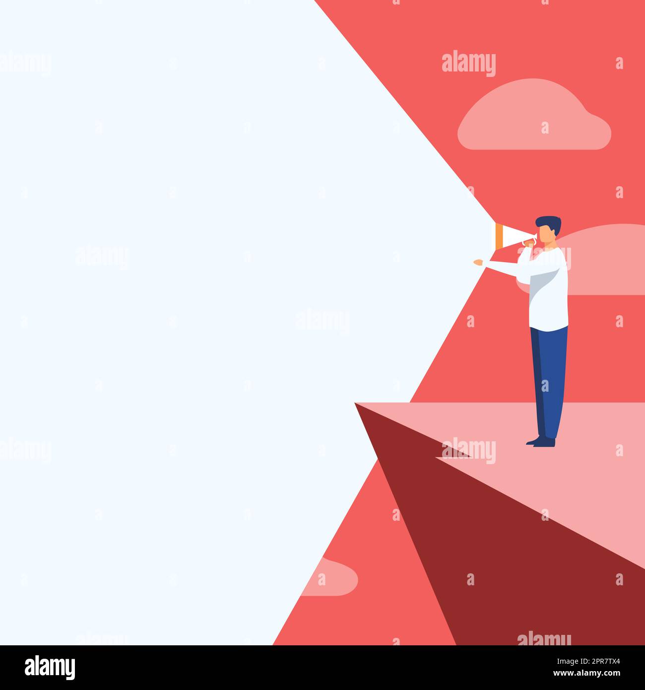 Illustration Of A Person Standing In Cliff Using Megaphone In One Hand Making New Announcement. Businessman Top Mountain Drawing Producing Brilliant Late Advertisement. Stock Vector