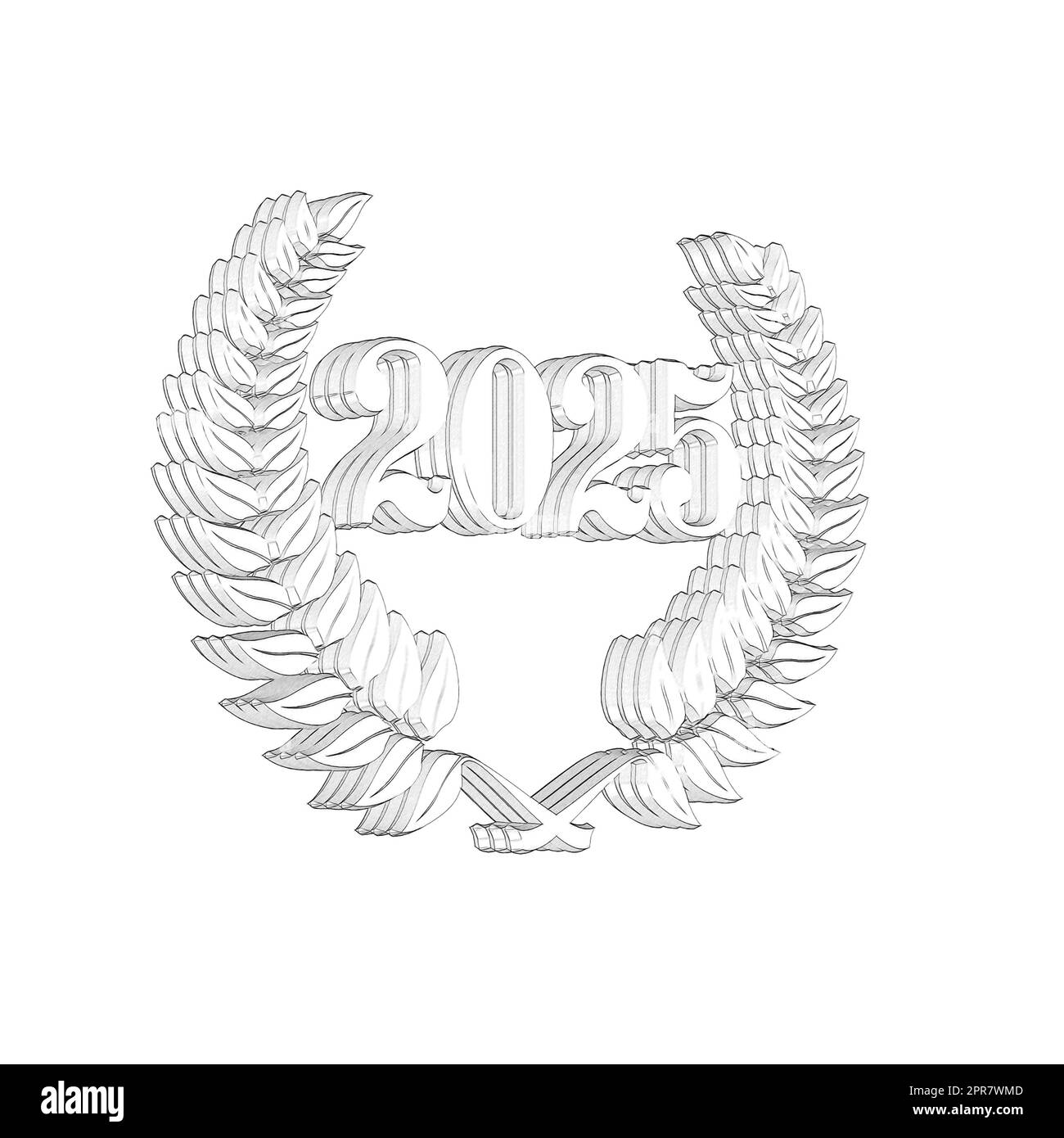 Number 2025 with laurel wreath or honor wreath as a 3Dillustration, 3D