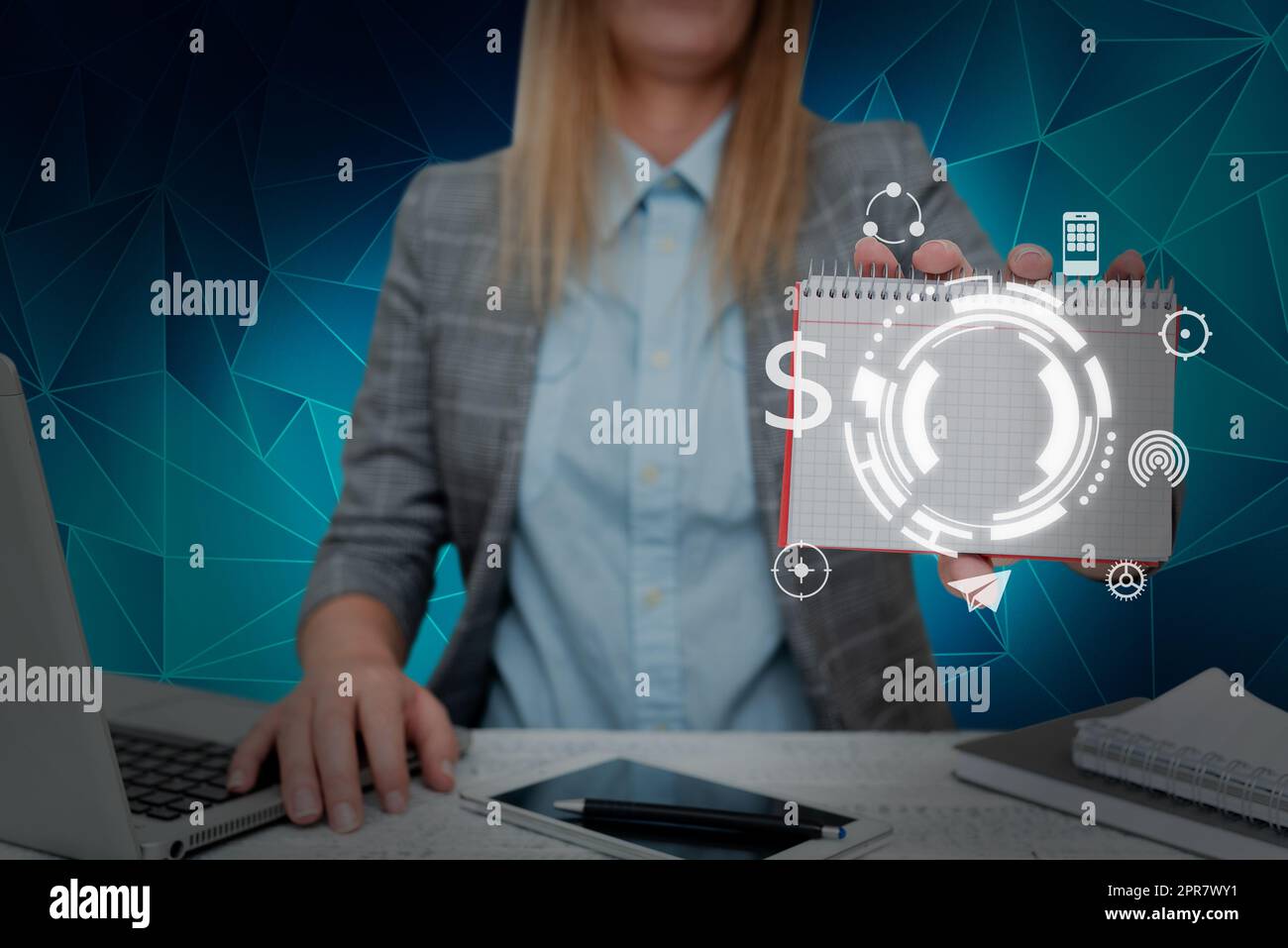 Lady in suit holding notepad representing innovative thinking ...