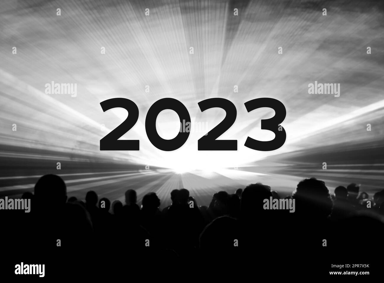 Happy new year 2023 black white laser show party people Stock Photo