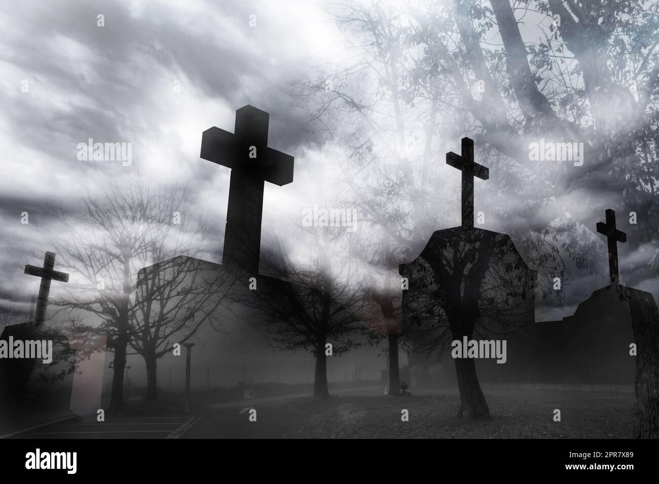 Cemetery or graveyard in the night with dark sky. Haunted cemetery. Halloween day background. Halloween day concept. Spooky and scary burial ground. Horror scene graveyard. Funeral and dead concept. Stock Photo