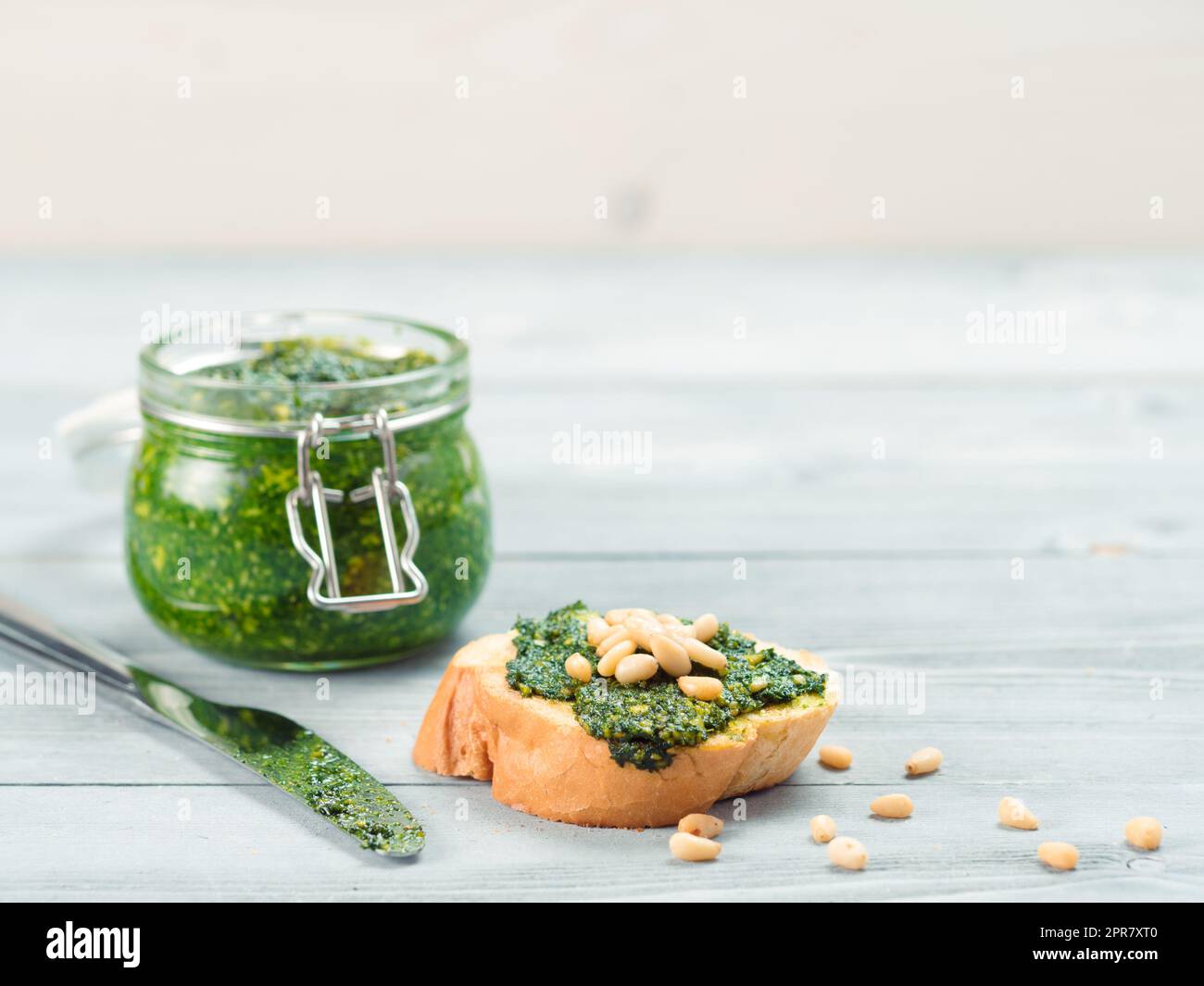 baguette bread with fresh pesto Stock Photo