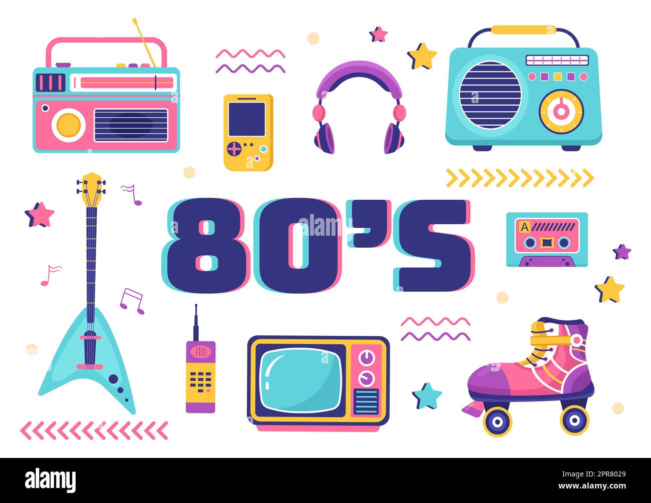 80s Party Cartoon Background Illustration with Retro Music, 1980 Radio  Cassette Player and Disco in Old Style Design Stock Photo - Alamy