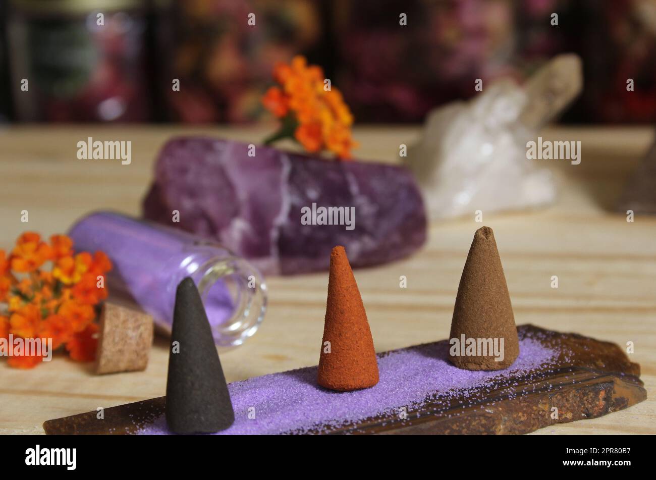 Incense Cones on Stone Slab With Crystals and Flowers Stock Photo Alamy