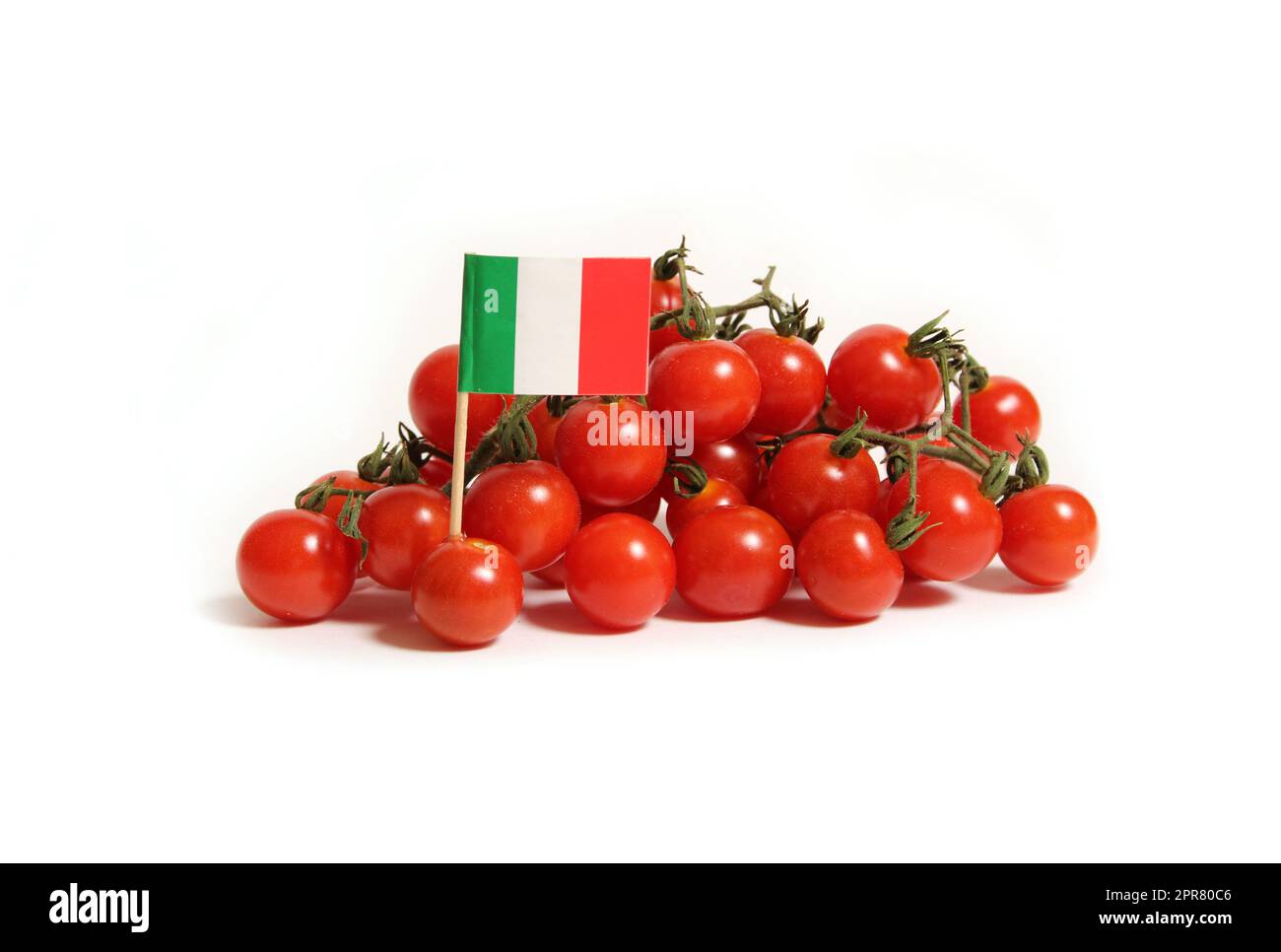Red Cherry Tomatoes With Flag of Italy Isolated on White Background Stock Photo