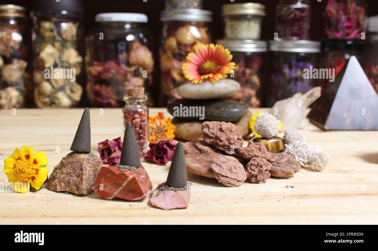 Incense Cones and Desert Rose Rocks on Meditation Table Stock Photo - Alamy