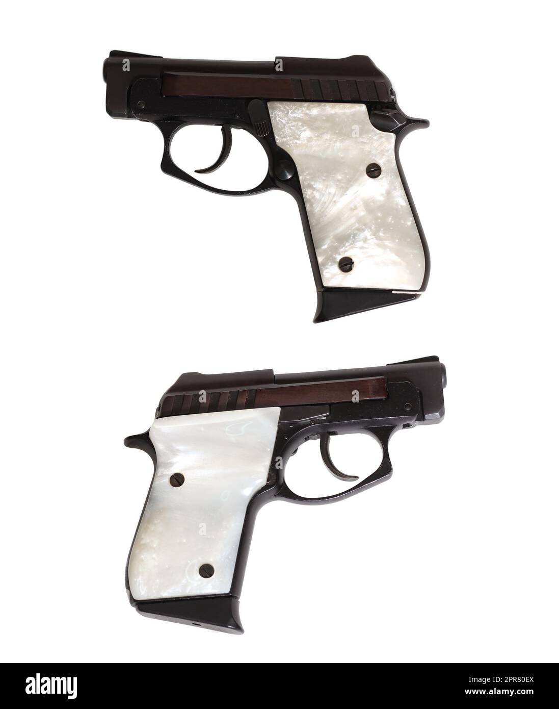 Small Black 22 Caliber Handgun With Pearl Grips On White Background Stock Photo