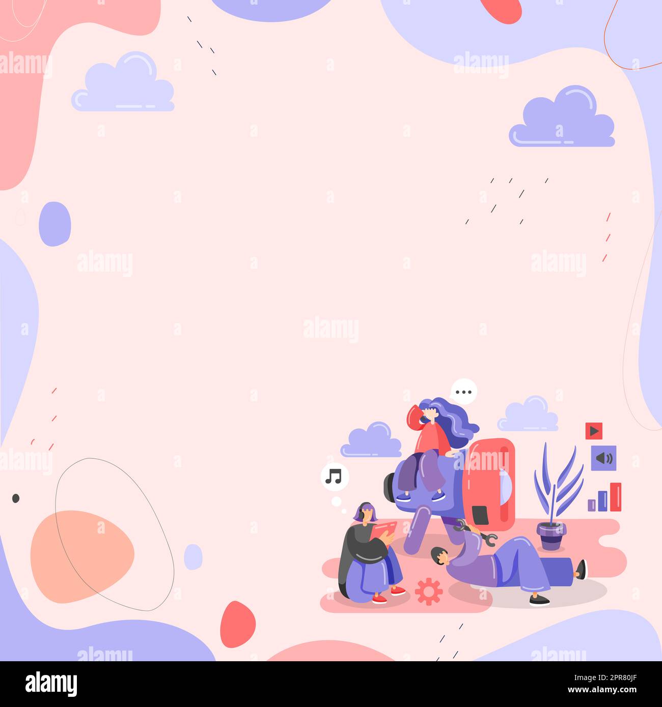 Illustration Group Relaxing Listening Music Fixing Megaphone Stock