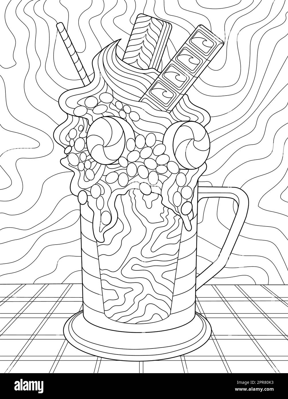 Coloring Book Page With Cup Full With Chocolates And Fruits On Table