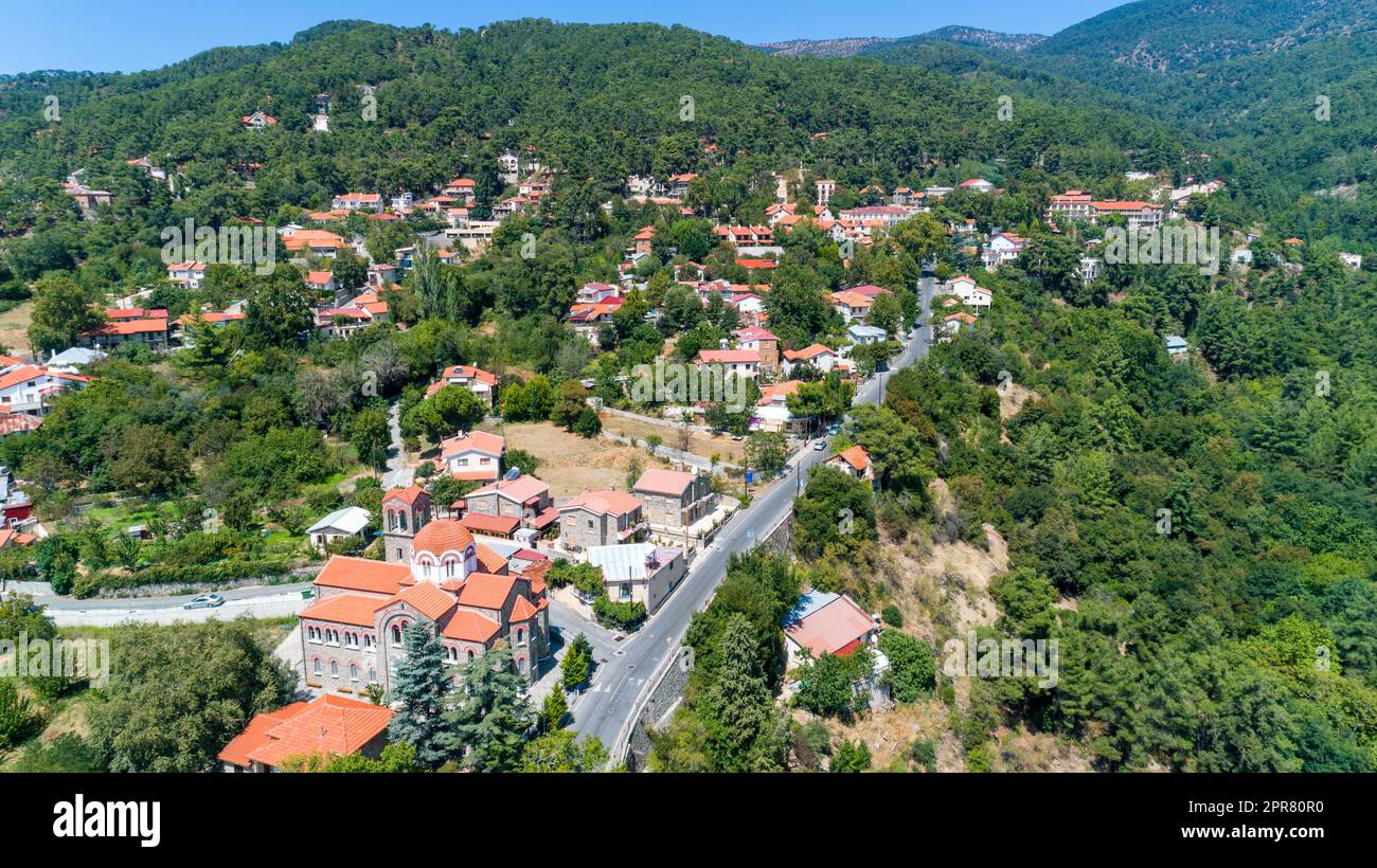 Aerial Pano Platres village, Limassol, Cyprus Stock Photo
