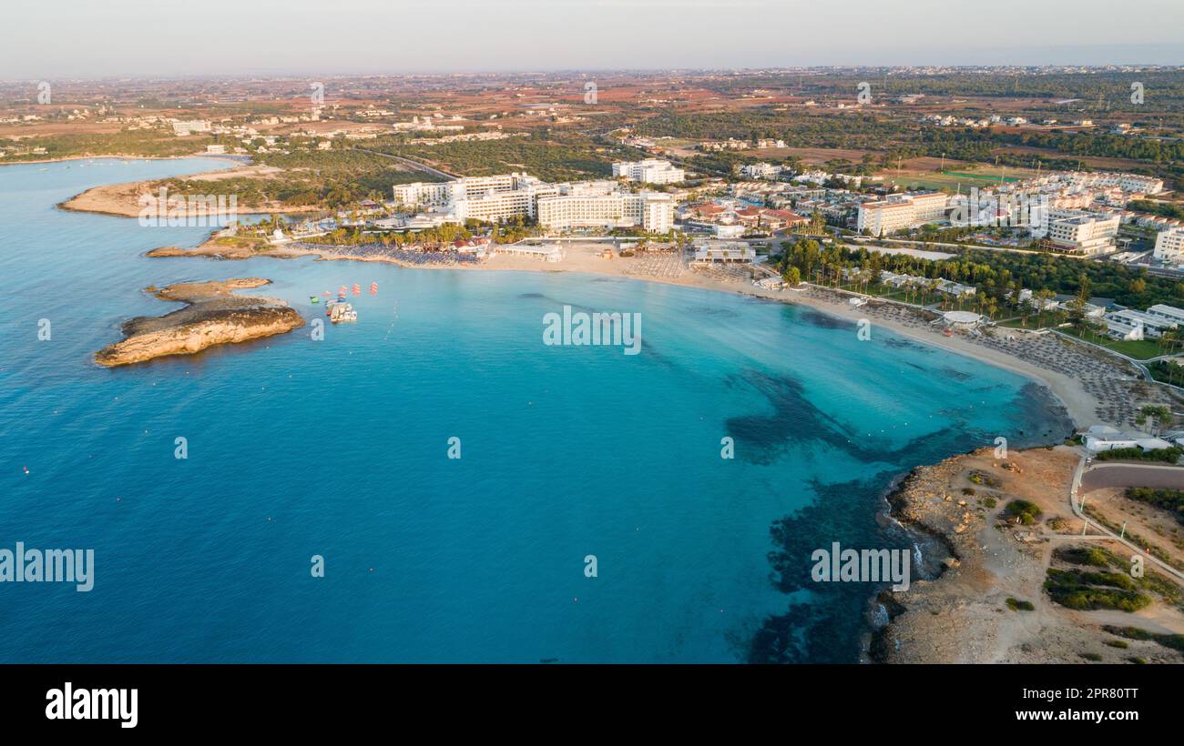 Aerial bird's eye view of famous Nissi beach coastline, Ayia Napa