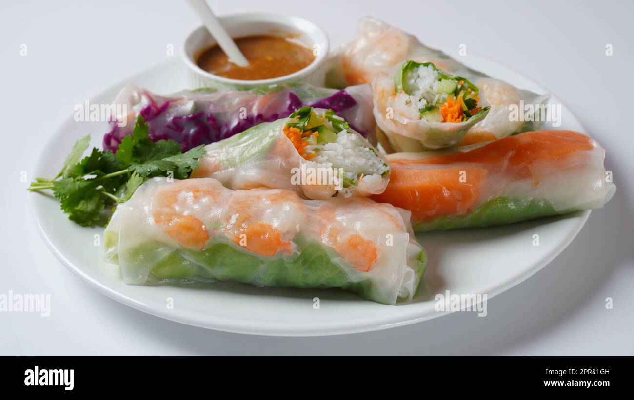 Vietnamese Spring Rolls Goi Cuon or Nem Cuon, filled with prawns, herbs