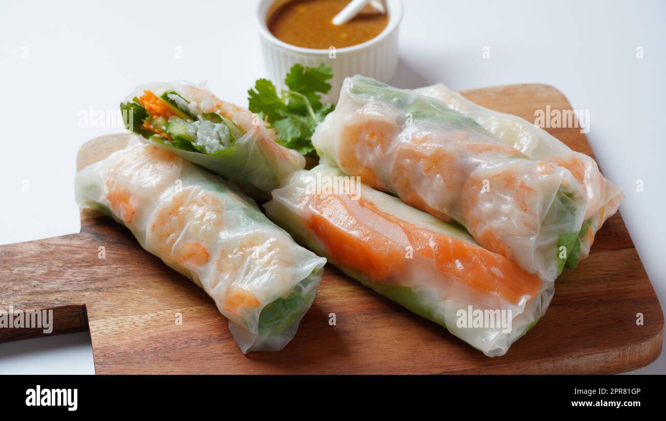 Vietnamese Spring Rolls Goi Cuon or Nem Cuon, filled with prawns, herbs