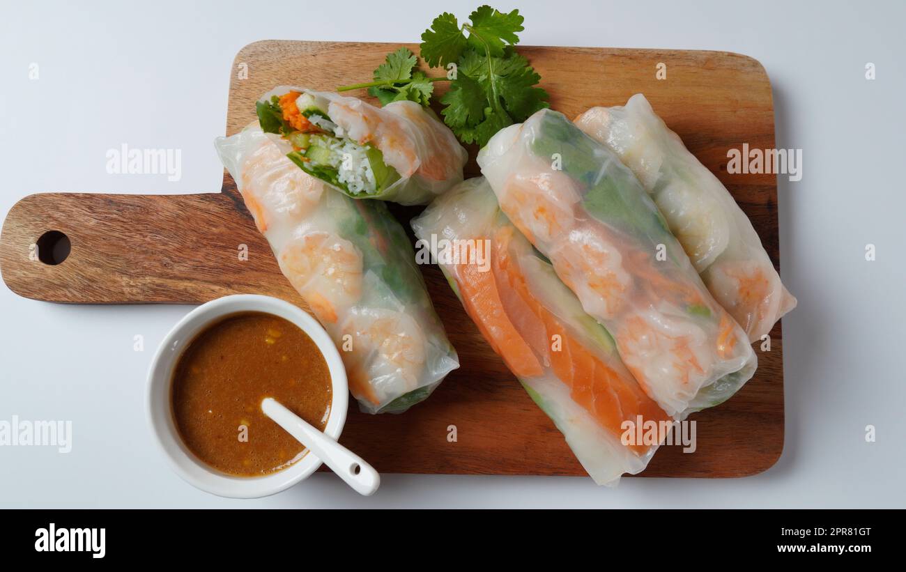 Vietnamese Spring Rolls Goi Cuon or Nem Cuon, filled with prawns, herbs