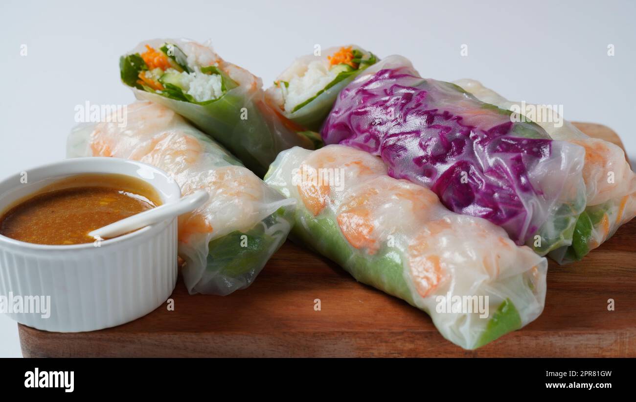 Vietnamese Spring Rolls Goi Cuon or Nem Cuon, filled with prawns, herbs, rice vermicelli and