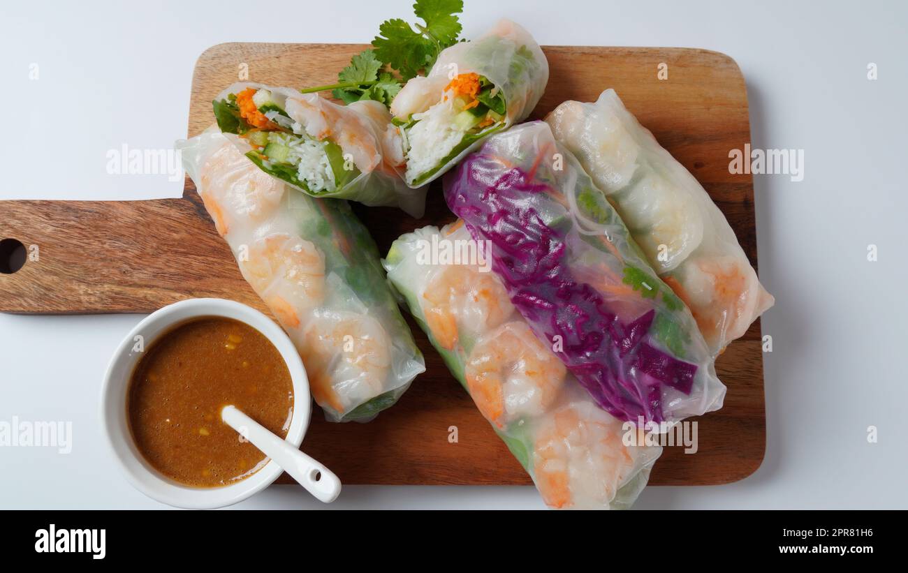 Vietnamese Spring Rolls Goi Cuon or Nem Cuon, filled with prawns, herbs