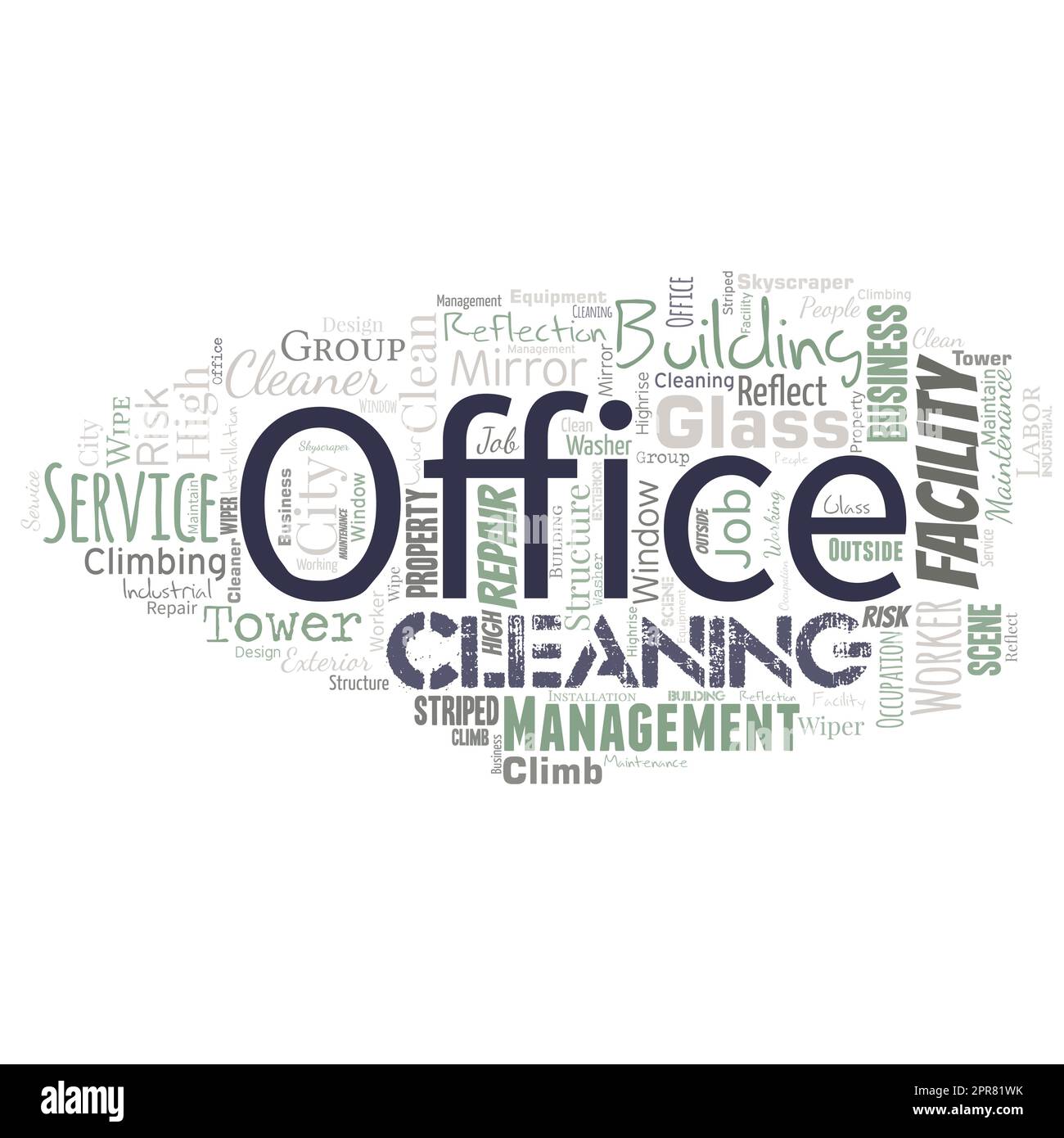 Big word cloud in the shape of UFO with words office cleaning. Commercial buildings are used for commercial purposes Stock Vector