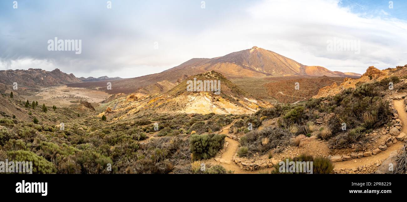 Volcanic landscape of Teide National Park offers a panoramic view of Tenerife's high peaks, including Pico del Teide and Pico Viejo with copy space. Stock Photo