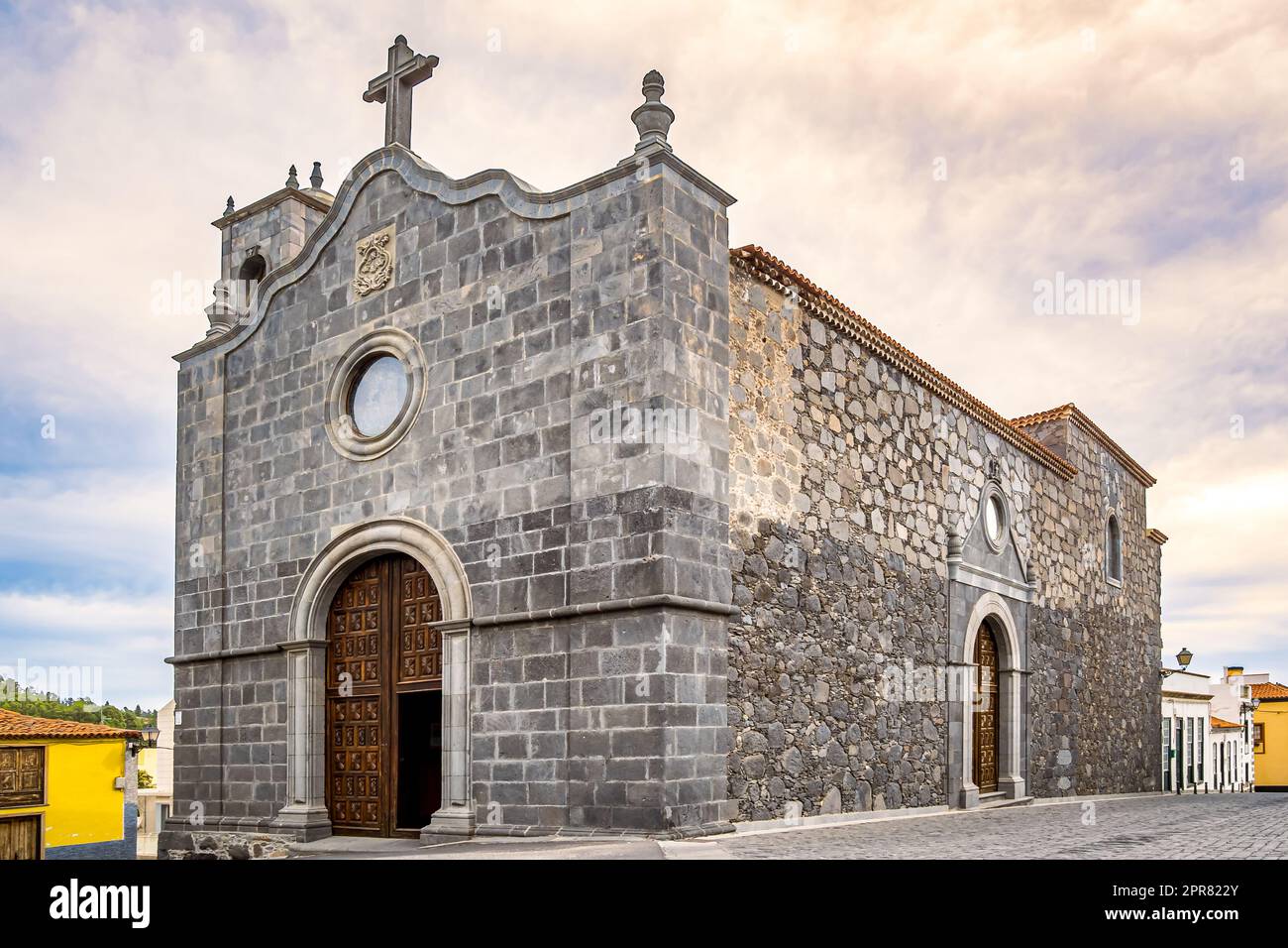 Facades of Santuario del Santo Hermano Pedro, a historical pilgrimage temple dedicated to the first saint of the Canary Islands. Stock Photo