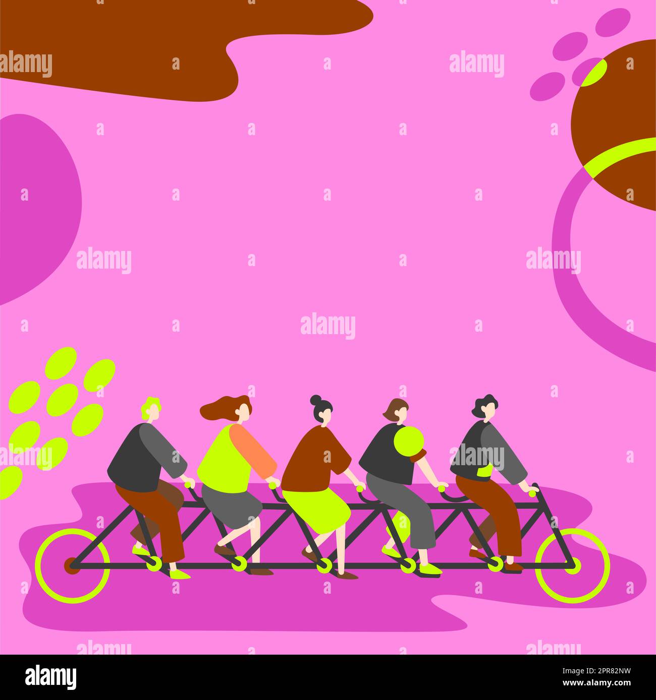 Five Colleagues Riding Bicycle Representing Combined Effort Successful Team Problem Solving. Group Partners Using Vehicle Displaying Teamwork Reaching Goals. Stock Vector