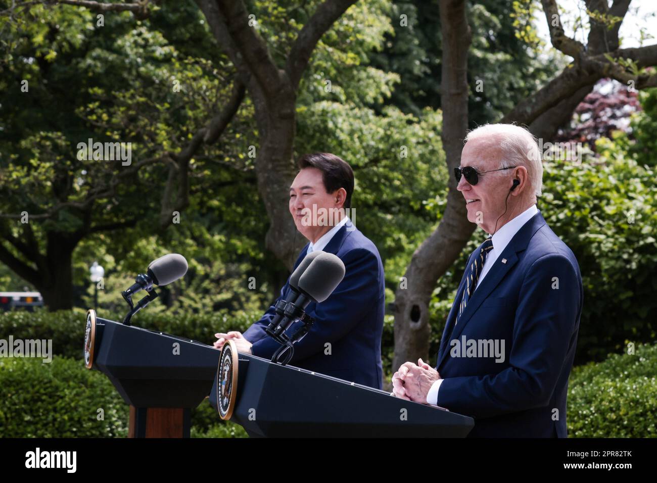 Washington, United States. 26th Apr, 2023. President Joe Biden and South Korean President Yoon Suk Yeol hold a joint press conference in the Rose Garden at the White House in Washington, DC on Wednesday, April 26, 2023. Yoon is on an official State Visit to the White House. Photo by Oliver Contreras/UPI Credit: UPI/Alamy Live News Stock Photo
