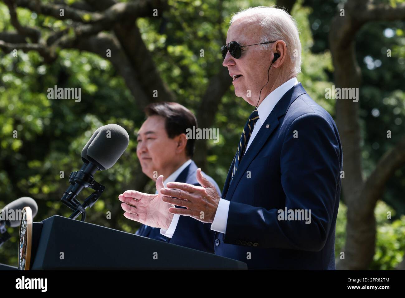 Washington, United States. 26th Apr, 2023. President Joe Biden and South Korean President Yoon Suk Yeol hold a joint press conference in the Rose Garden at the White House in Washington, DC on Wednesday, April 26, 2023. Yoon is on an official State Visit to the White House. Photo by Oliver Contreras/UPI Credit: UPI/Alamy Live News Stock Photo